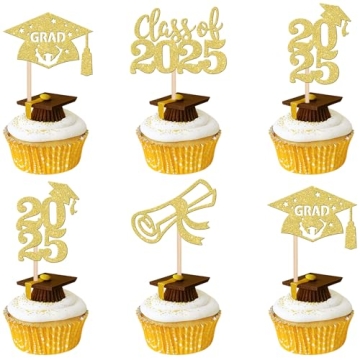 2025 Graduation Theme Cupcake Toppers - 24 PCS Glitter Picks