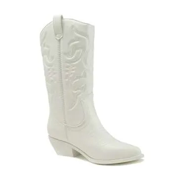 Soda RENO ~ Women Western Cowboy Stitched Pointe Toe Low Heel Ankle Mid Shaft Fashion Boots (Triple White, us_footwear_size_system, adult, women, numeric, medium, numeric_6_point_5)