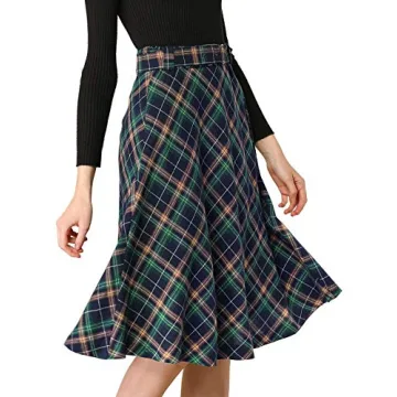 Allegra K Women's Tartan Plaid High Waist Belted Vintage A-Line Midi Skirt