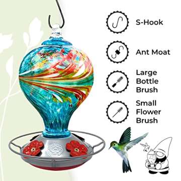 Hummingbird Feeder by Grateful Gnome - Large Hand Blown Stained Glass Feeder for Garden, Patio, Outd...