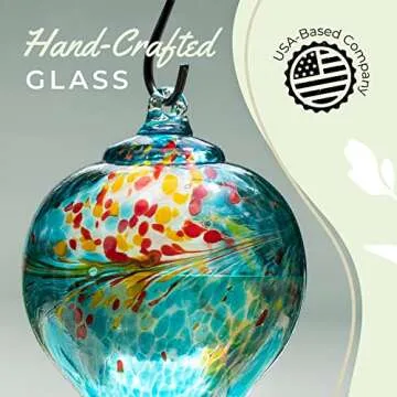 Hummingbird Feeder by Grateful Gnome - Large Hand Blown Stained Glass Feeder for Garden, Patio, Outdoors, Window with Accessories S-Hook, Ant Moat, Brush - 36fl oz, Large Blue Egg Design