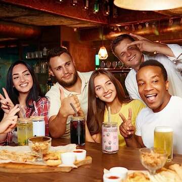 [ 12pcs Set ] Glass Cups with Bamboo Lids and Glass Straw - Beer Shaped Drinking Glasses, 16 oz Iced Coffee Glasses, Cute Tumbler Cup for Smoothie, Boba Tea, Whiskey, Water - 4 Cleaning Brushes