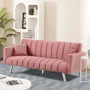 AWQM Sofa Bed, Upholstered Convertible Sofa Bed with 2 Pillows, Modern Sleeper Sofa Couch with Wooden Frame and Metal Legs, Comfortable Velvet Sofa Suitable for Living Room Bedroom Office (Pink)