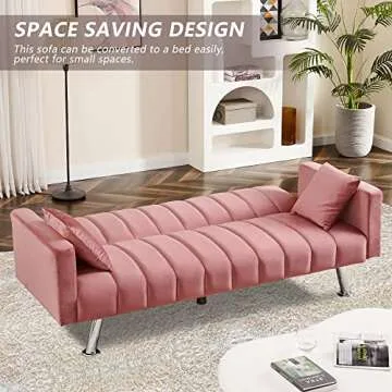 AWQM Sofa Bed, Upholstered Convertible Sofa Bed with 2 Pillows, Modern Sleeper Sofa Couch with Wooden Frame and Metal Legs, Comfortable Velvet Sofa Suitable for Living Room Bedroom Office (Pink)