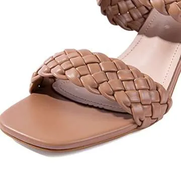 N.N.G Heeled Sandals for Women Nude Size 7 Braided Dressy Chunky Block Heel Summer Leather Comfort Square toe
