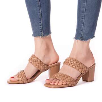 N.N.G Heeled Sandals for Women Nude Size 7 Braided Dressy Chunky Block Heel Summer Leather Comfort Square toe