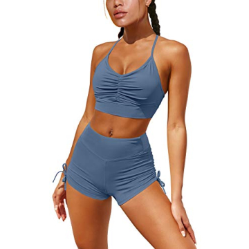 OQQ Women 2 Piece Leisure Yoga Workout Outfit Ruched Gym Running Shorts Racerback Sports Bra Set Blu...