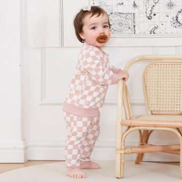 FOCUSNORM Toddler Baby Girl Fall Outfits Long Sleeve Checkerboard Print Tops Drawstring Pants Cute Litter Girl Winter Clothes (Pink, 18-24 Months)