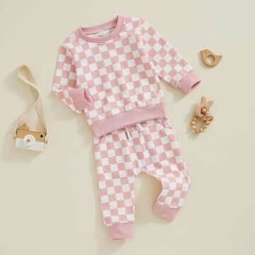 FOCUSNORM Toddler Baby Girl Fall Outfits Long Sleeve Checkerboard Print Tops Drawstring Pants Cute Litter Girl Winter Clothes (Pink, 18-24 Months)