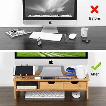 Tribesigns Bamboo Monitor Stand Riser with Drawers