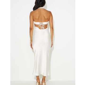 Phicia Sexy Satin Halter Neck Backless Maxi Dress for Women Elegant Tie Cowl Back Formal Wedding Gue...