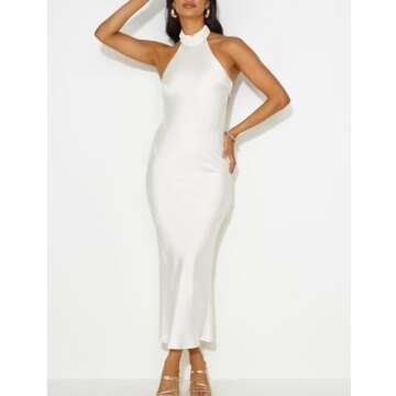Phicia Sexy Satin Halter Neck Backless Maxi Dress for Women Elegant Tie Cowl Back Formal Wedding Guest Dress for Summer White