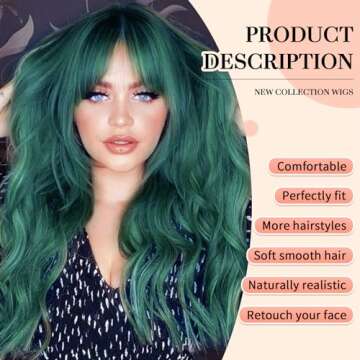 KOME Green Wigs with Bangs,Green Wig for Women Highlight Long Wavy Wig for Women,Long Curly Wigs Syn...