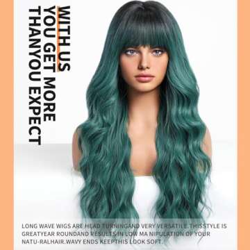 KOME Green Wigs with Bangs,Green Wig for Women Highlight Long Wavy Wig for Women,Long Curly Wigs Synthetic Hair Wig for Party Cosplay Daily Use 26IN…