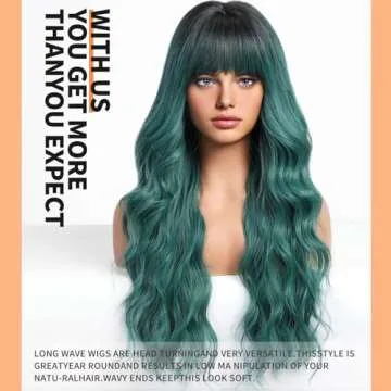 KOME Green Wigs with Bangs,Green Wig for Women Highlight Long Wavy Wig for Women,Long Curly Wigs Synthetic Hair Wig for Party Cosplay Daily Use 26IN…