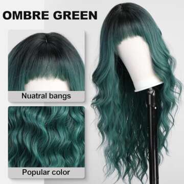KOME Green Wigs with Bangs,Green Wig for Women Highlight Long Wavy Wig for Women,Long Curly Wigs Synthetic Hair Wig for Party Cosplay Daily Use 26IN…