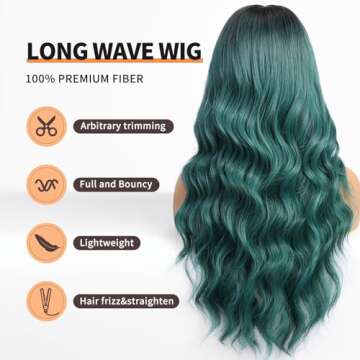 KOME Green Wigs with Bangs,Green Wig for Women Highlight Long Wavy Wig for Women,Long Curly Wigs Synthetic Hair Wig for Party Cosplay Daily Use 26IN…