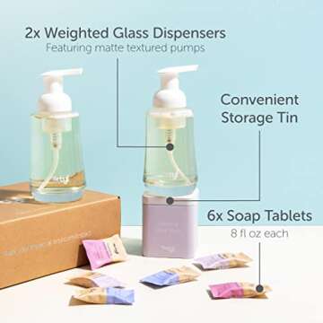 Tirtyl Hand Soap Duo Kit - 2 Glass Foaming Dispensers + Storage Tin + 6 Tablet Refills (48 fl oz total - 6x 8 fl oz) - NEW Formula - Compostable Packaging - Variety Fragrances