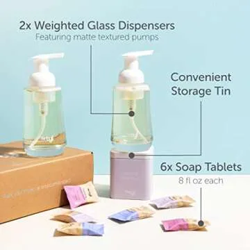 Tirtyl Hand Soap Duo Kit - 2 Glass Foaming Dispensers + Storage Tin + 6 Tablet Refills (48 fl oz total - 6x 8 fl oz) - NEW Formula - Compostable Packaging - Variety Fragrances