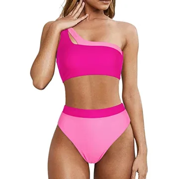 MOOSLOVER Women Cutout One Shoulder High Waisted Bikini High Cut Two Piece Swimsuits(XL,Pink Rose)