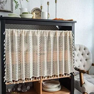 RYNGHIPY Crochet Curtain Valance for Kitchen Window, Shabby Macrame Curtain Tiers with Tassels,Farmhouse Cotton Crochet Lace Window Treatment, 55 x 18 Inches Length