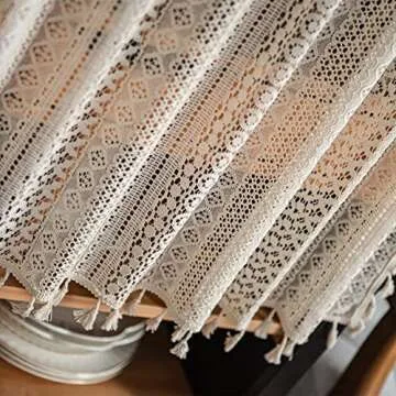 RYNGHIPY Crochet Curtain Valance for Kitchen Window, Shabby Macrame Curtain Tiers with Tassels,Farmhouse Cotton Crochet Lace Window Treatment, 55 x 18 Inches Length