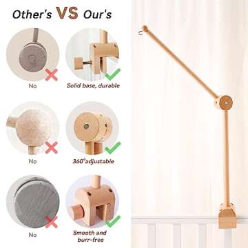 Baby Crib Mobile Arm - Wooden Baby Mobile Crib Holder Height Adjustable for Hanging Baby Crib Attachment for Nursery Decor