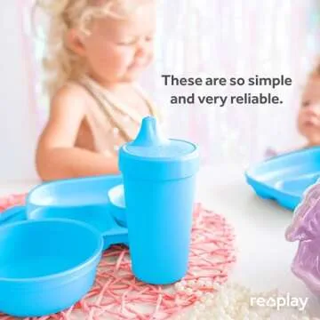 Re-Play Made in USA 2 Pack Sippy Cups for Toddlers, 10 Oz. - Reusable Spill Proof Cups for Kids, Dishwasher/Microwave Safe - Hard Spout Sippy Cups for Toddlers 3.13" x 6.25", Navy Blue/Sky Blue