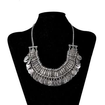 LUREME Vintage Engraved Coin Bib Statement Necklace Clavicle Necklace (01003295) (Antique Silver)