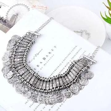 LUREME Vintage Engraved Coin Bib Statement Necklace Clavicle Necklace (01003295) (Antique Silver)