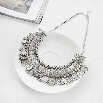 LUREME Vintage Engraved Coin Bib Statement Necklace Clavicle Necklace (01003295) (Antique Silver)