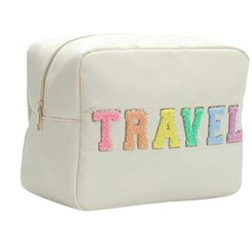 DUPER Preppy Travel Makeup Bag Organizer with Chenille Letter Patch - White Nylon Water Resistant - ...