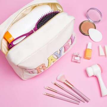 DUPER Preppy Travel Makeup Bag Organizer with Chenille Letter Patch - White Nylon Water Resistant - Skin Care Travel Toiletry Bags for women & Teen Girls