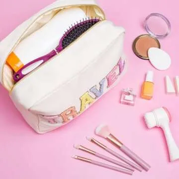 DUPER Preppy Travel Makeup Bag Organizer with Chenille Letter Patch - White Nylon Water Resistant - Skin Care Travel Toiletry Bags for women & Teen Girls