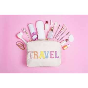 DUPER Preppy Travel Makeup Bag Organizer with Chenille Letter Patch - White Nylon Water Resistant - Skin Care Travel Toiletry Bags for women & Teen Girls