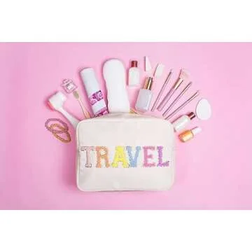 DUPER Preppy Travel Makeup Bag Organizer with Chenille Letter Patch - White Nylon Water Resistant - Skin Care Travel Toiletry Bags for women & Teen Girls