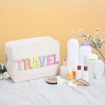 DUPER Preppy Travel Makeup Bag Organizer with Chenille Letter Patch - White Nylon Water Resistant - Skin Care Travel Toiletry Bags for women & Teen Girls