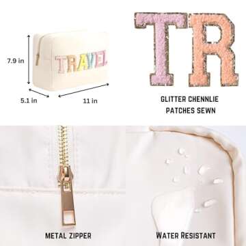 DUPER Preppy Travel Makeup Bag Organizer with Chenille Letter Patch - White Nylon Water Resistant - Skin Care Travel Toiletry Bags for women & Teen Girls