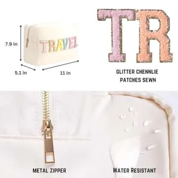 DUPER Preppy Travel Makeup Bag Organizer with Chenille Letter Patch - White Nylon Water Resistant - Skin Care Travel Toiletry Bags for women & Teen Girls