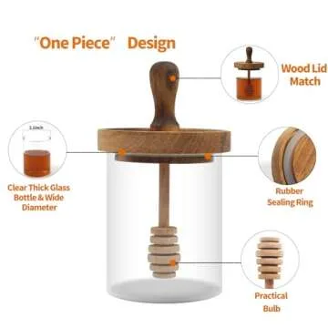 Unistarinn Honey Jar with Dipper and Lid - Glass Honey Pot with An Extra Wooden Dipper Stick, Home Kitchen Honey Containers Holder with Wider Diameter to Store Honey and Syrup, Airtight 13.5 oz
