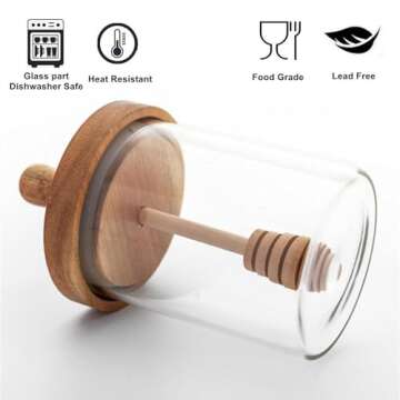 Unistarinn Honey Jar with Dipper and Lid - Glass Honey Pot with An Extra Wooden Dipper Stick, Home Kitchen Honey Containers Holder with Wider Diameter to Store Honey and Syrup, Airtight 13.5 oz