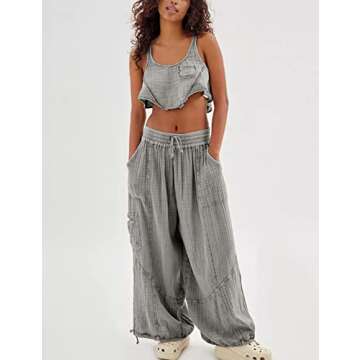 Xiaoxuemeng Womens Baggy Utility Pants Summer High Waisted Wide Leg Cargo Pants with Pockets (Grey-M)