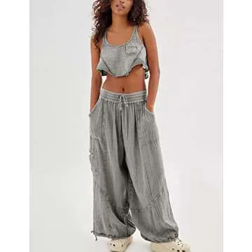 Xiaoxuemeng Womens Baggy Utility Pants Summer High Waisted Wide Leg Cargo Pants with Pockets (Grey-M)
