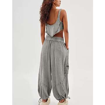 Xiaoxuemeng Womens Baggy Utility Pants Summer High Waisted Wide Leg Cargo Pants with Pockets (Grey-M)