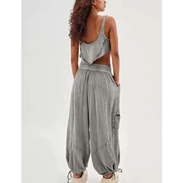 Xiaoxuemeng Womens Baggy Utility Pants Summer High Waisted Wide Leg Cargo Pants with Pockets (Grey-M)