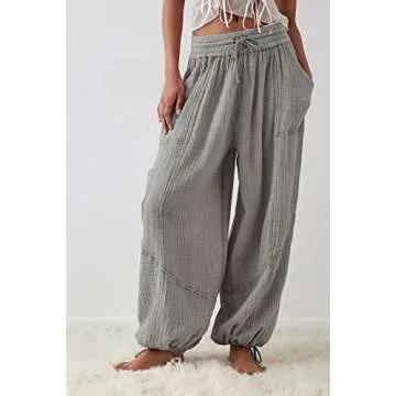 Xiaoxuemeng Womens Baggy Utility Pants Summer High Waisted Wide Leg Cargo Pants with Pockets (Grey-M)