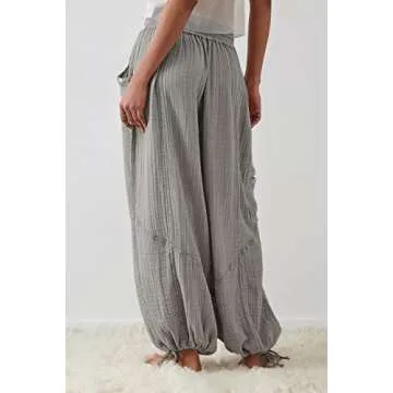 Xiaoxuemeng Womens Baggy Utility Pants Summer High Waisted Wide Leg Cargo Pants with Pockets (Grey-M)