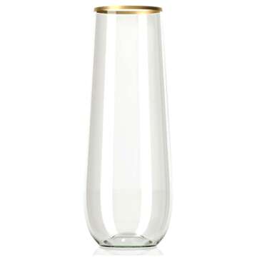 30 Plastic Stemless Champagne Flutes - Disposable Unbreakable 9 Oz toasting glasses, With Gold rim |...
