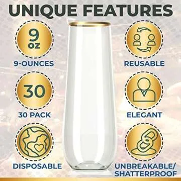 30 Elegant Disposable Plastic Champagne Flutes with Gold Rim