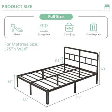 Yicensen 14 Inch Full Bed Frame with Headboard – Heavy Duty Metal Full Size Platform Bed Frame, No...